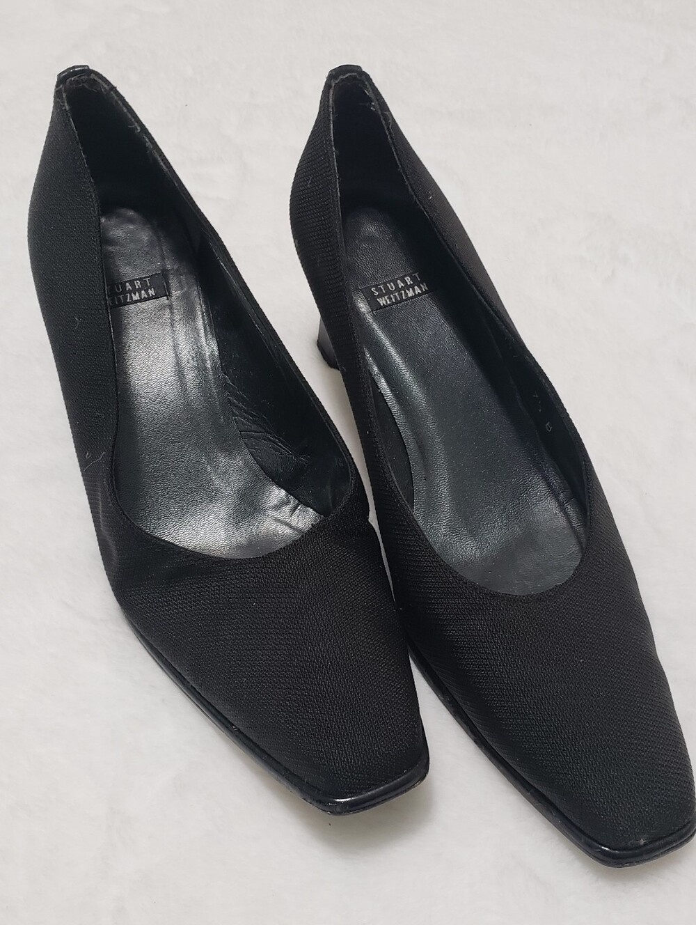 Stuart Weitzman Black Fabric Square Toe Low Block Heels